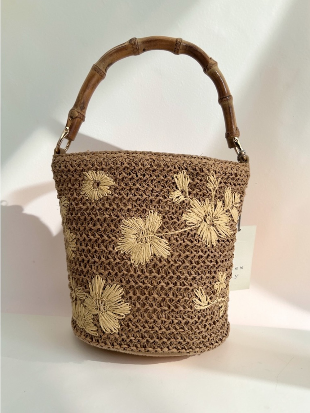 Straw Floral Embroidered Bucket Top Handle Bag - A New Day™ Natural